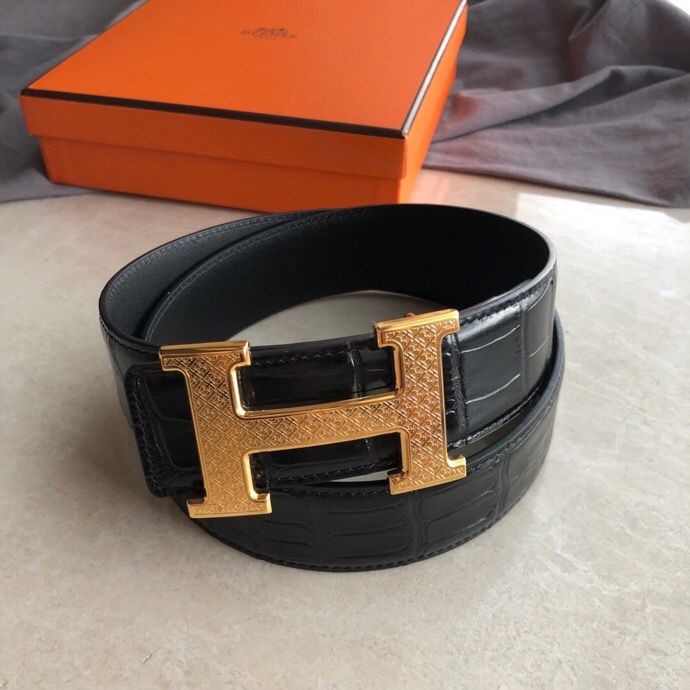 Hermes Stainless steel H pattern metal buckle & cowhide embossed crocodile pattern 38mm belt