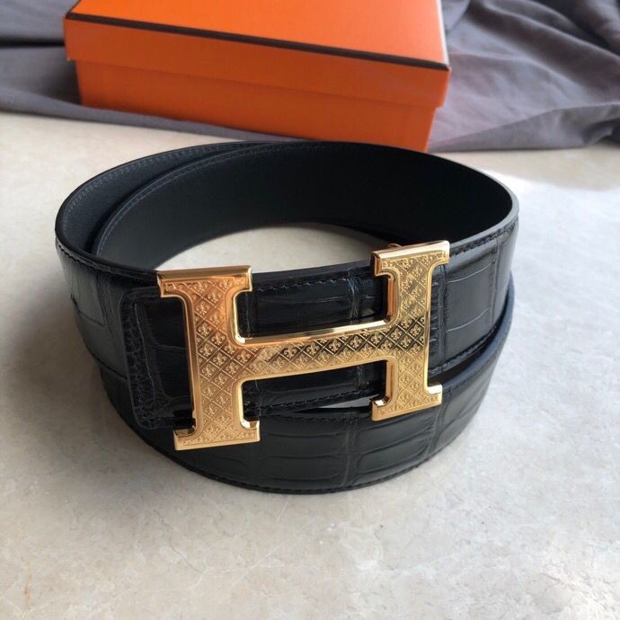 Hermes Stainless steel H pattern metal buckle & cowhide embossed crocodile pattern 38mm