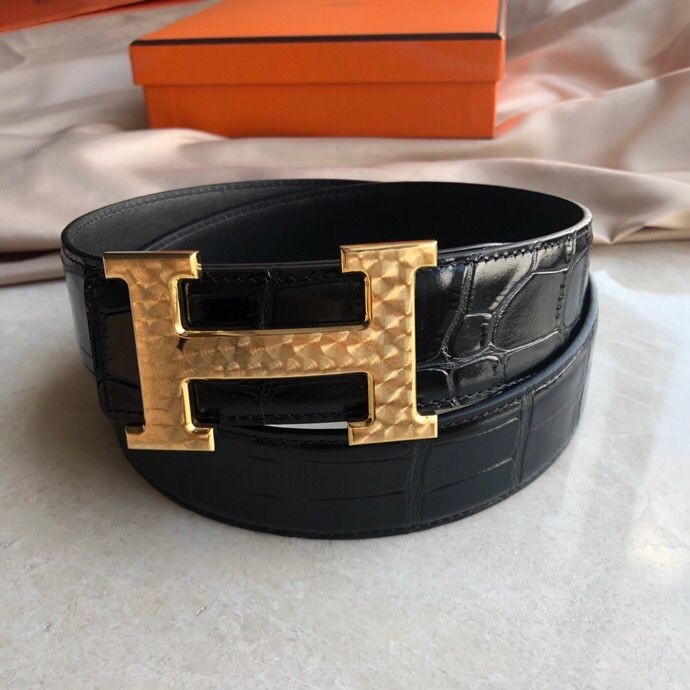 Hermes Stainless steel H pattern metal buckle & cowhide embossed crocodile pattern 38mm belt