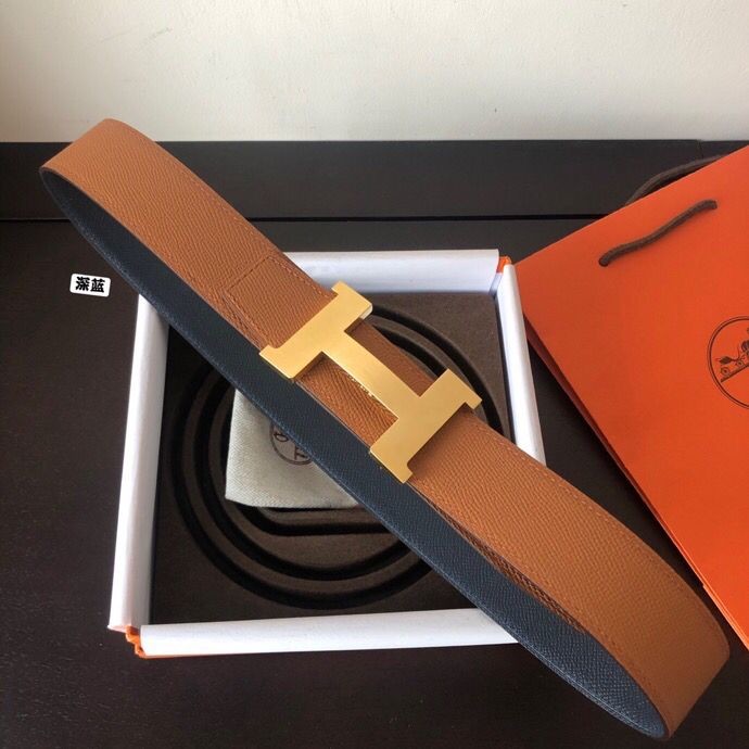 Hermes Stainless steel four-corner metal buckle 38mm Reversible leather belt