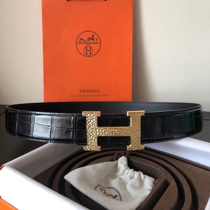 Hermes Stainless steel H metal buckle & cowhide embossed crocodile pattern 38mm belt