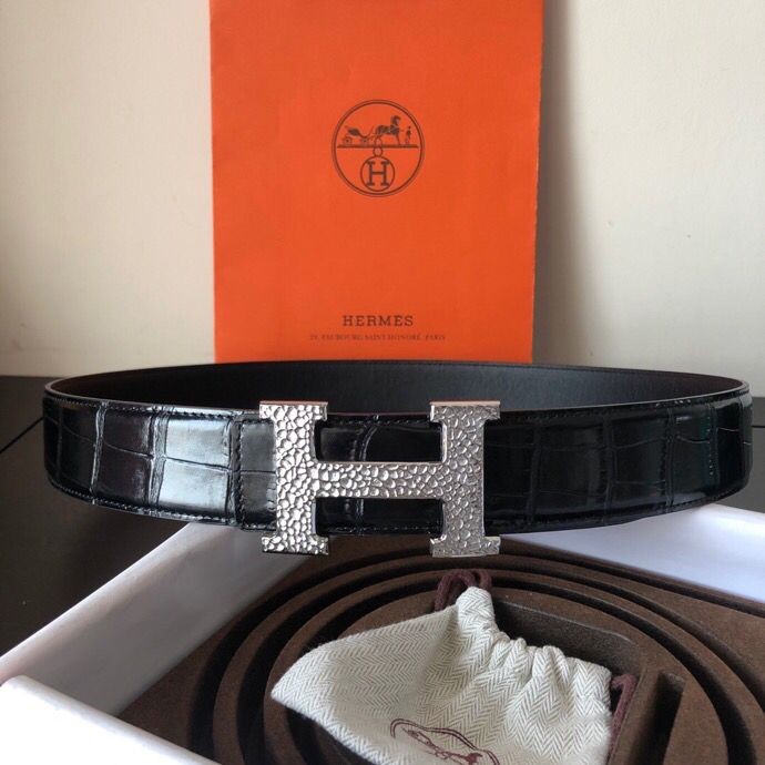 Hermes Stainless steel H metal buckle & cowhide embossed crocodile pattern 38mm belt