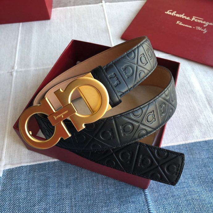 Ferragamo Men s 3.5cm exquisite horseshoe metal buckle cowhide embossed bottom belt