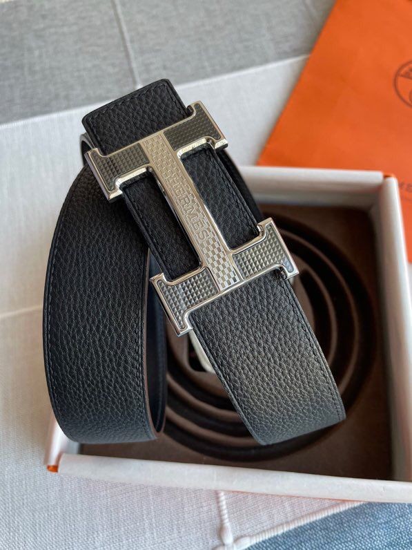 Hermes Stainless Steel Fiber Sheet Hanging Buckle Reversible Leather Men s 3.8cm Belt