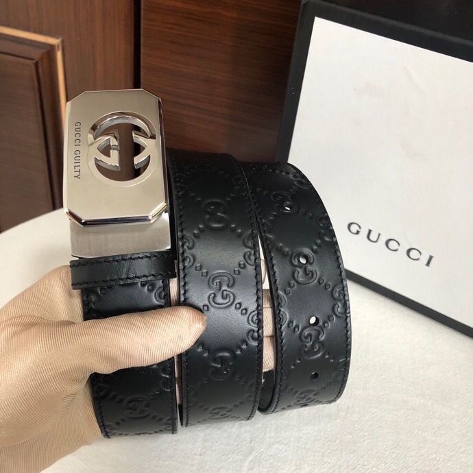 Gucci 3.5cm embossed leather belt with steel hollow metal buckle