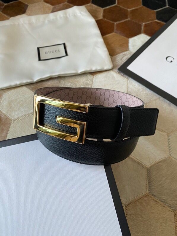 Gucci 3.5cm full leather black gold buckle/silver buckle GG belt