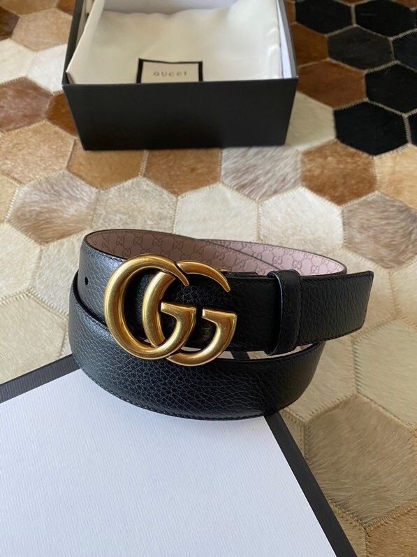 Gucci 3.5cm full leather black gold buckle/silver buckle GG belt