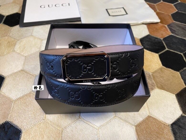 Gucci Exquisite square metal buckle GG embossed black cowhide belt 35mm