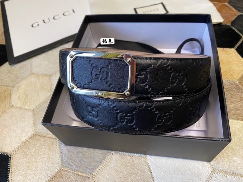 Gucci Exquisite square metal buckle GG embossed black cowhide belt 35mm
