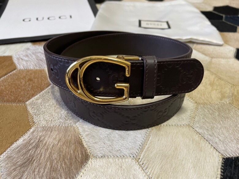 Gucci G-shaped metal buckle leather embossed leather belt 35mm