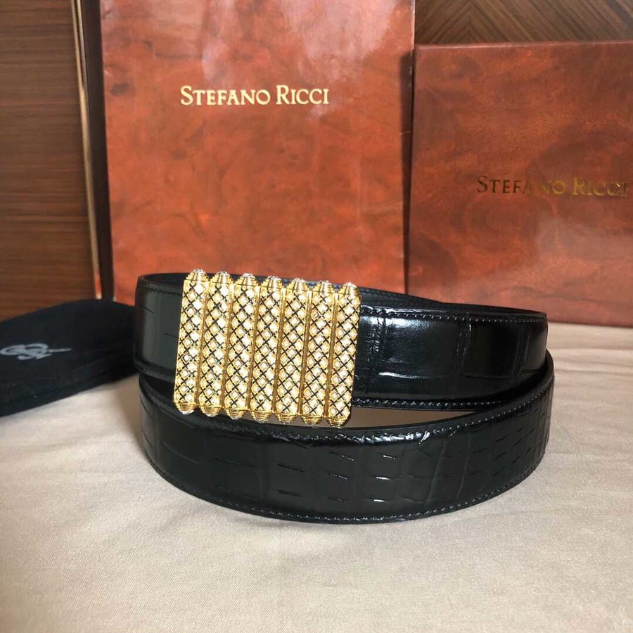 Stefano Ricci Stainless steel, wave pattern, full rhinestones, leather belt with metal buckle