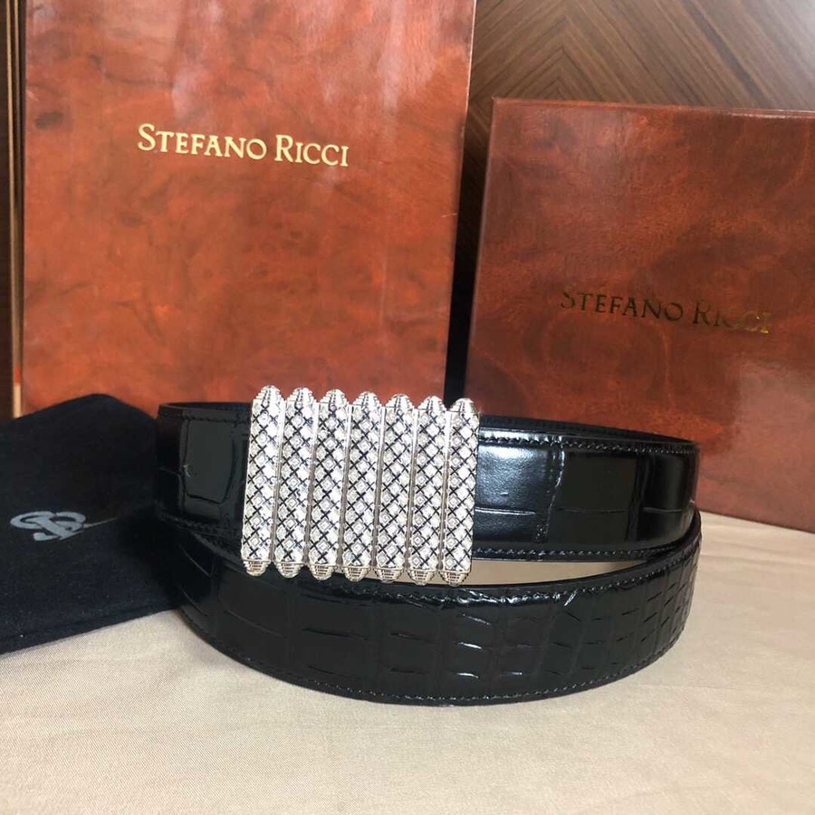 Stefano Ricci Stainless steel, wave pattern, full rhinestones, leather belt with metal buckle