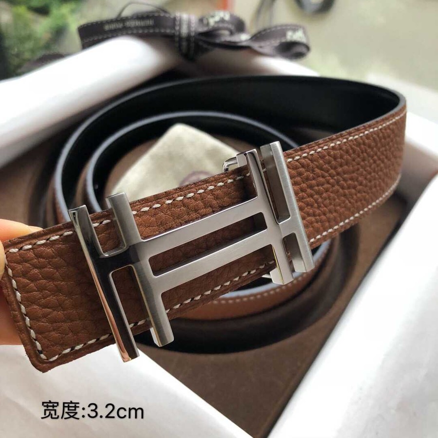 Hermes Men s 3.2cm Stainless Steel Double Buckle Reversible Leather Belt