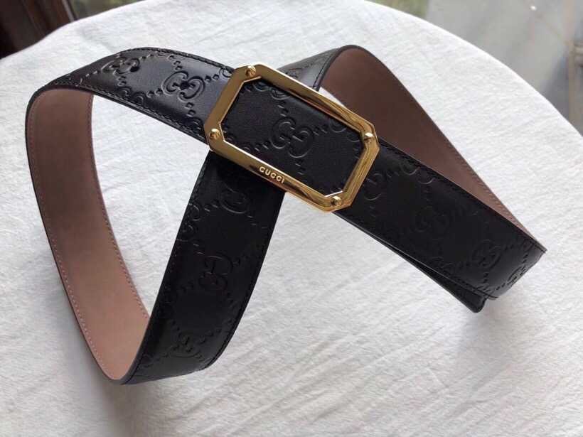 Gucci 35mm stainless steel hollow buckle embossed leather belt