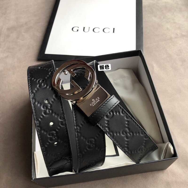 Gucci Men s cowhide embossed metal rotating buckle belt 3.5cm