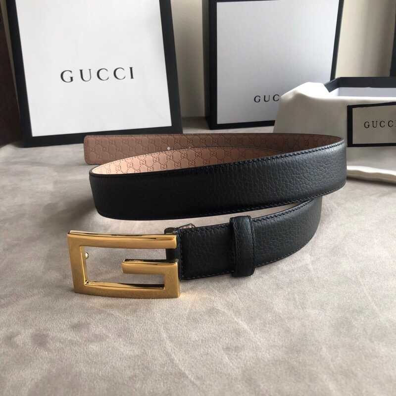 Gucci 3.5cm full leather black gold buckle/silver buckle GG belt