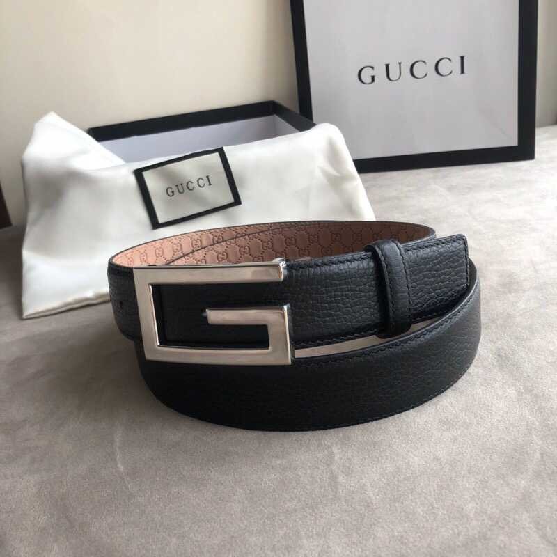 Gucci 3.5cm full leather black gold buckle/silver buckle GG belt