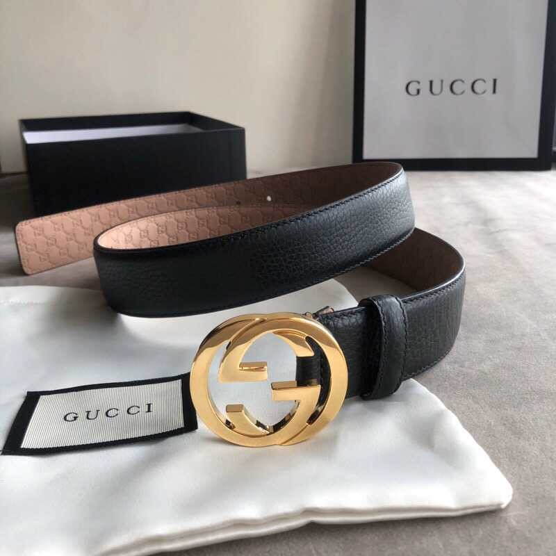 Gucci 3.5cm full leather black gold buckle/silver buckle GG belt