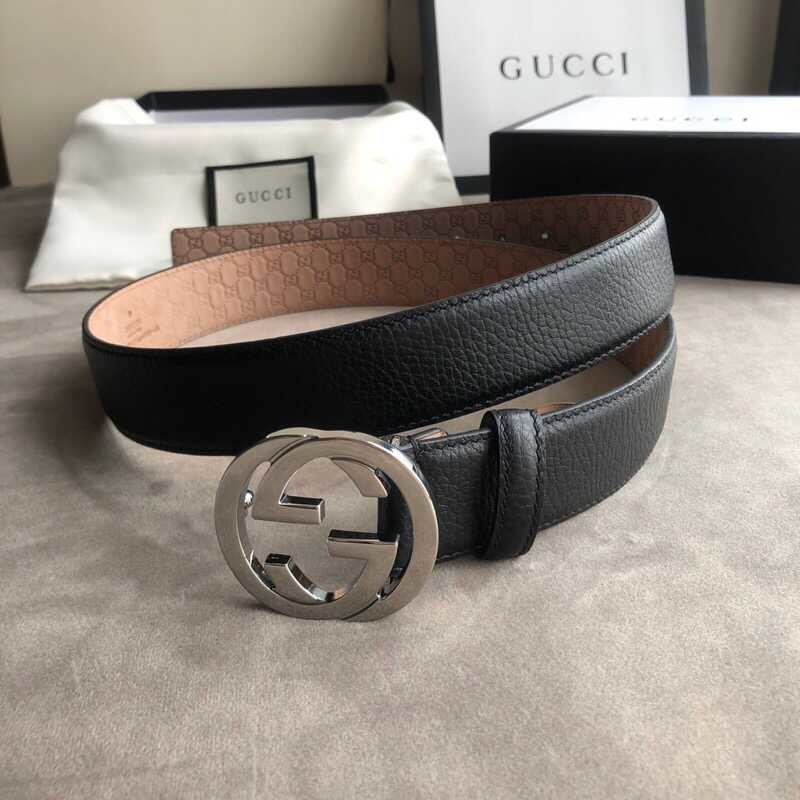 Gucci 3.5cm full leather black gold buckle/silver buckle GG belt