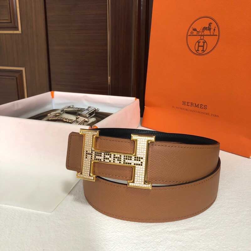 Hermes Men s 3.8cm stainless steel h leather belt with full rhinestones and metal buckle