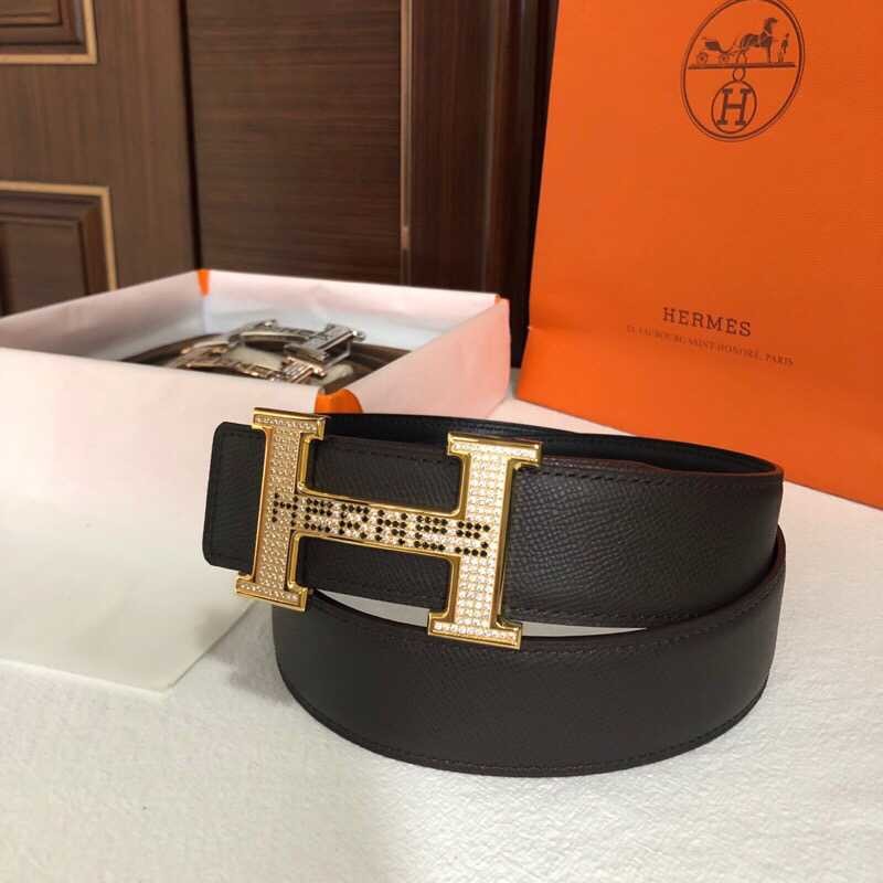 Hermes Men s 3.8cm stainless steel h leather belt with full rhinestones and metal buckle