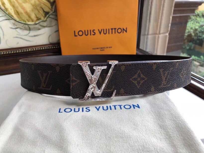 Louis Vuitton Vintage silver letter buckle Damier/Monogram men s 3.8cm belt