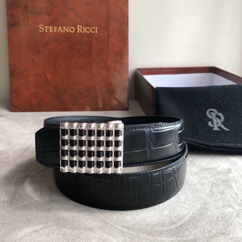 Stefano Ricci 3.5cm leather embossed crocodile pattern belt with stainless steel buckle