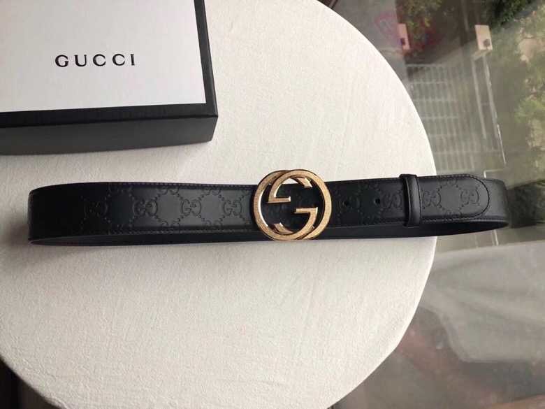 Gucci Signature men s stainless steel GG metal buckle embossed black cowhide belt 3.8cm