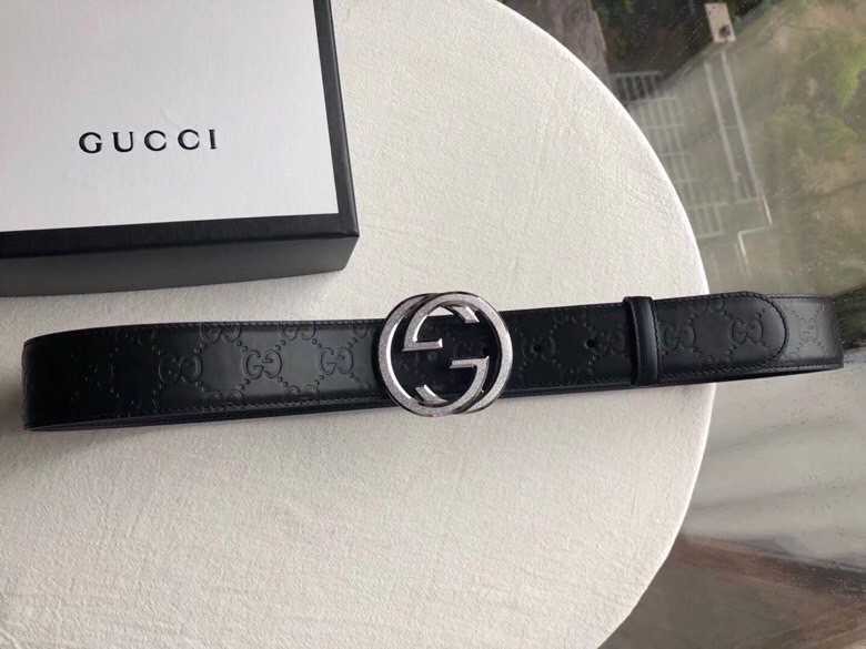 Gucci Signature men s stainless steel GG metal buckle embossed black cowhide belt 3.8cm