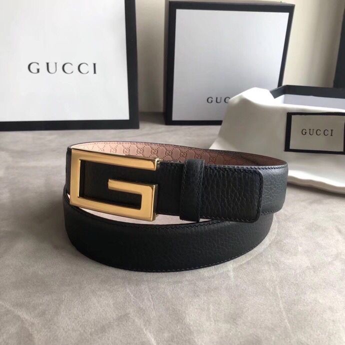 Gucci 3.5cm full leather black gold buckle/silver buckle GG belt