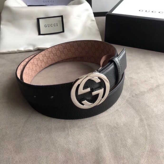 Gucci 3.5cm full leather black gold buckle/silver buckle GG belt