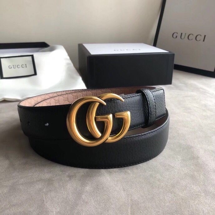 Gucci 3.5cm full leather black gold buckle/silver buckle GG belt