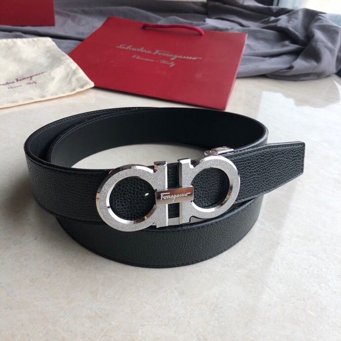 Ferragamo Men s 3.5cm leather belt with stainless steel metal buckle and pearl pattern