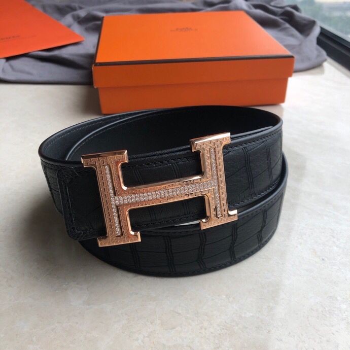 Hermes Stainless steel H pattern buckle deerskin men s 3.8cm belt