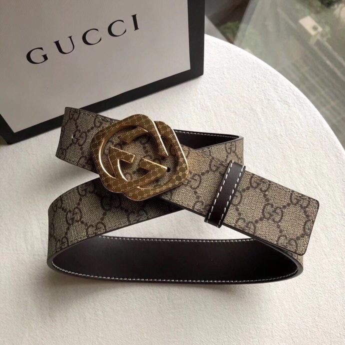 Gucci Stainless steel gold diamond pattern metal buckle PVC cowhide belt 3.8