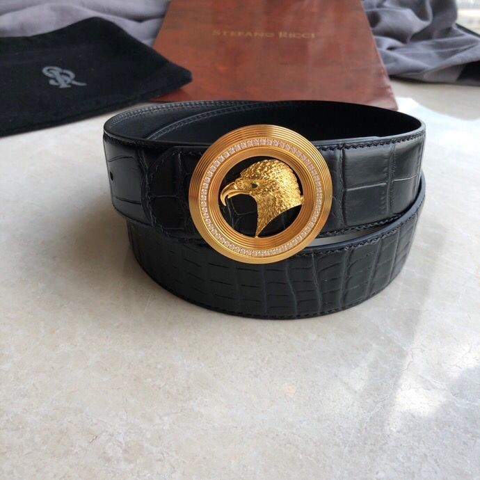 Stefano Ricci Leather belt with stainless steel eagle head and metal buckle