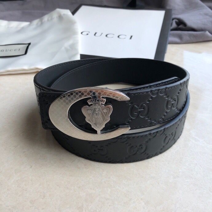 Gucci 3.5cm belt with GG embossed cowhide black stainless steel shield and metal buckle