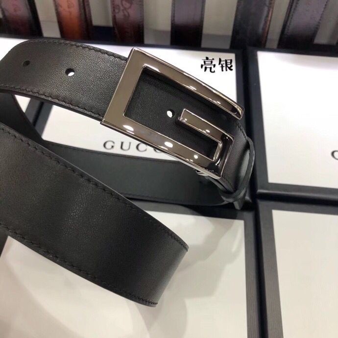 Gucci 3.5cm full leather black gold buckle/silver buckle/gun buckle GG belt