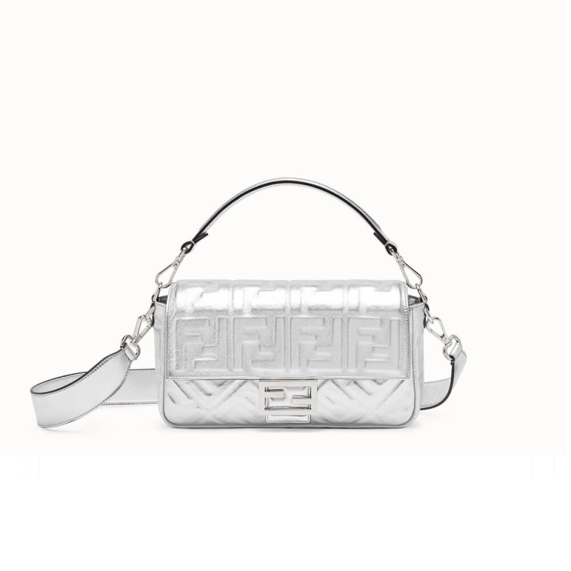 Fendi Baguette Silver Leather Bag 8BR60