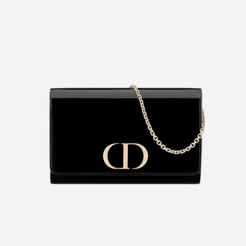 Christian Dior Black 30 Montaigne Patent Calfskin Wallet On Chain S2059