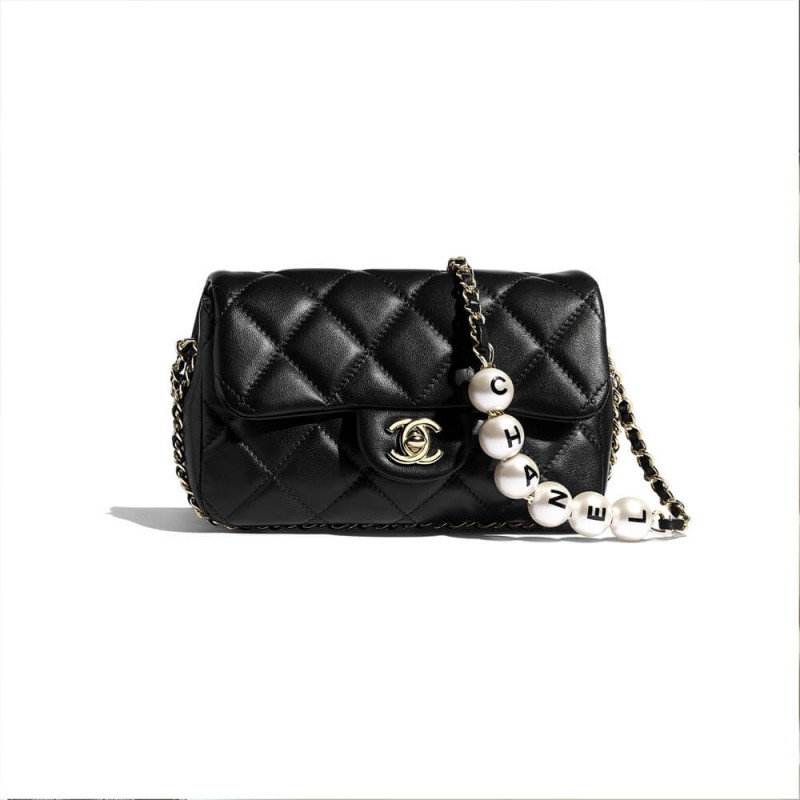 Chanel Small Pearl Logo Strap Flap Bag AS1436 Black