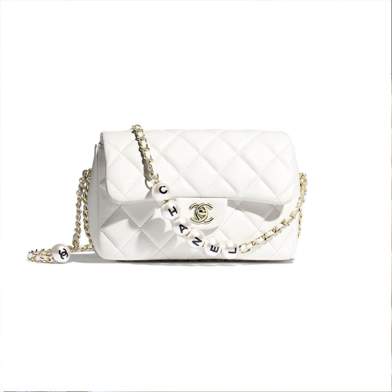 Chanel Small Pearl Logo Strap Flap Bag AS1436 White