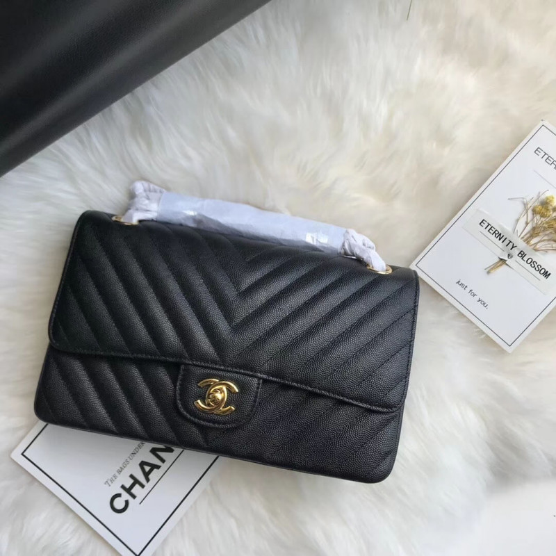 Chanel Chevron Caviar Calfskin Classic Flap Bag A01112 Black