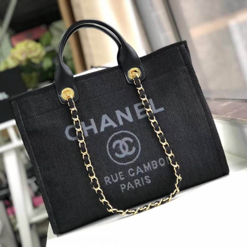 Chanel Deauville Tote 38cm Canvas Bag A66941 Black / Grey