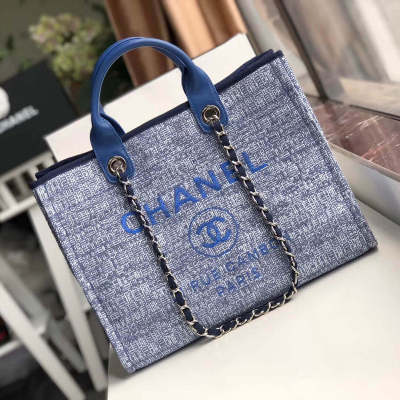 Chanel Deauville Tote 38cm Canvas Bag A66941 Blue Jacquard