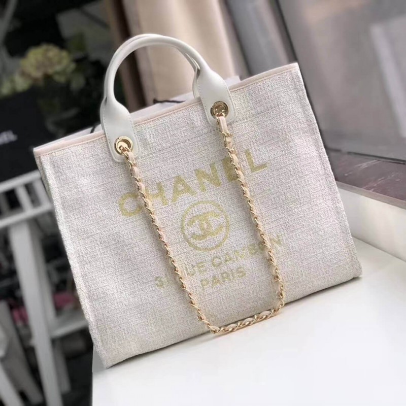 Chanel Deauville Tote 38cm Canvas Bag A66941 Beige/White