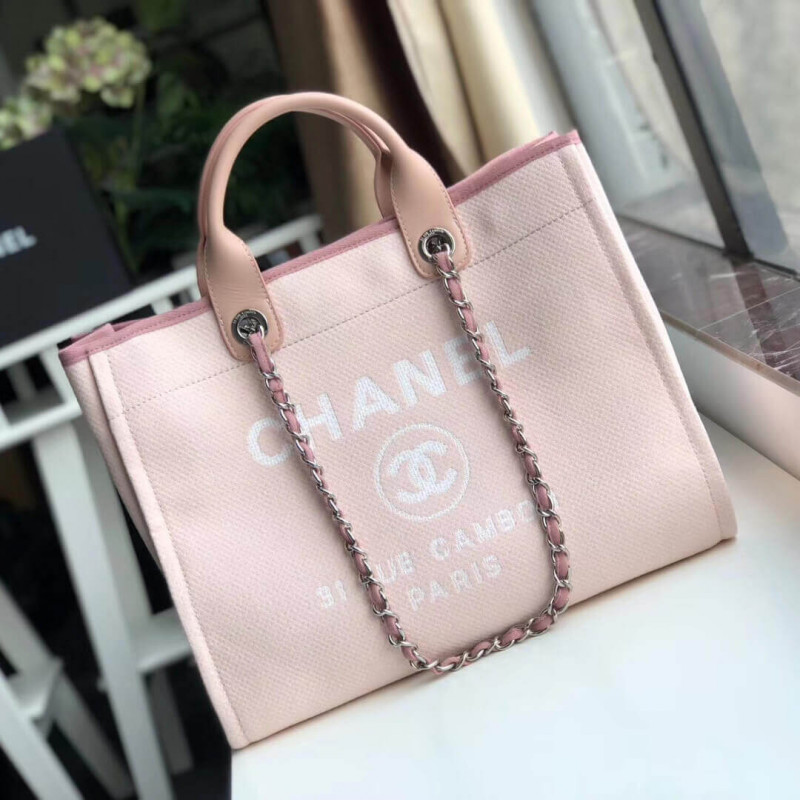 Chanel Deauville Tote 38cm Canvas Bag A66941 Pink/White