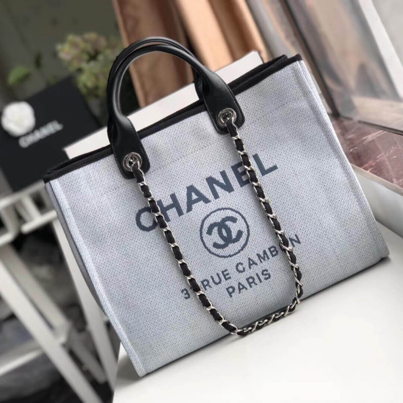 Chanel Deauville Tote 38cm Canvas Bag A66941 Light Grey/Black