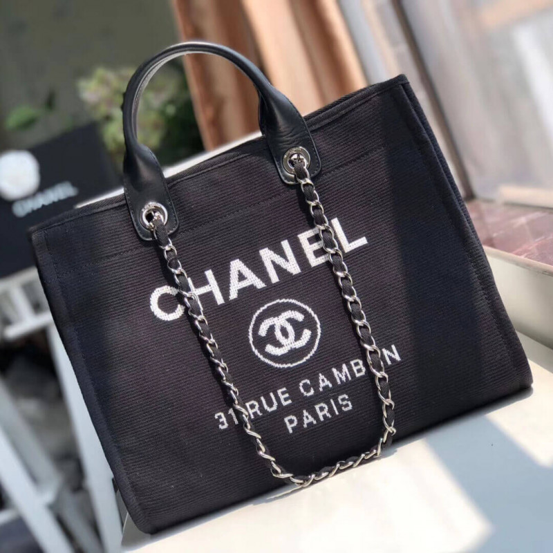 Chanel Deauville Tote 38cm Canvas Bag A66941 Black/White