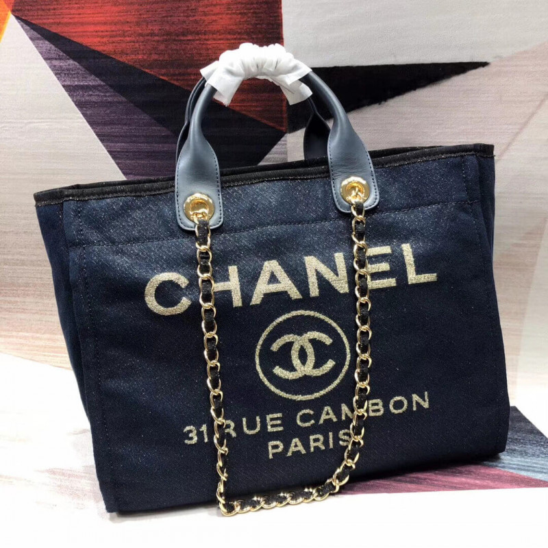 Chanel Deauville Tote 38cm Canvas Bag A66941 Denim Blue/Gold